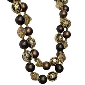 Vintage Hong Kong Brown Gold Filigree Beaded Gold Tone Chain Necklace 20”